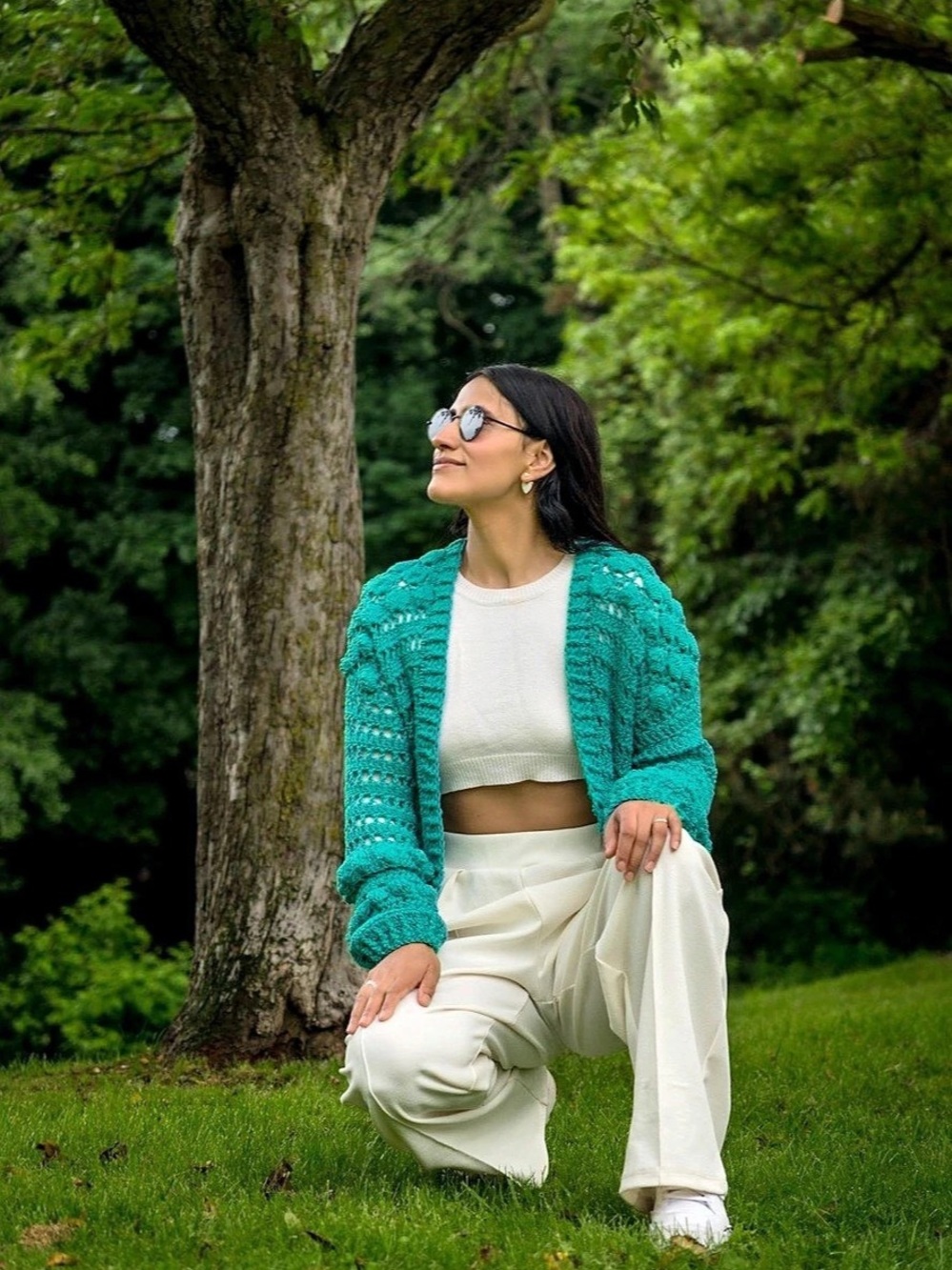 Open-Front Crochet Cardigan in Green Like New